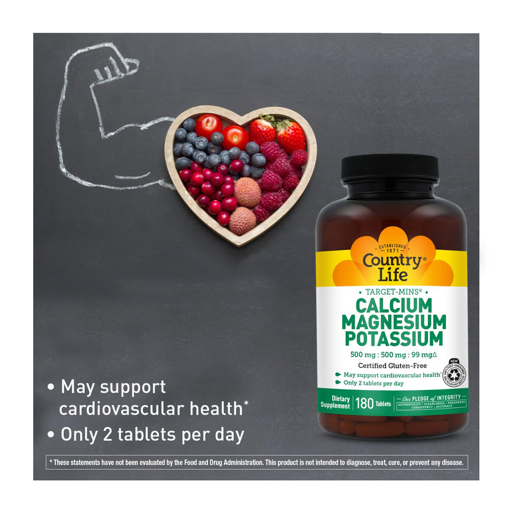 Country Life Target-Mins Calcium Magnesium Potassium, 180 Tablets | 500 mg calcium, 500 mg magnesium and 99 mg potassium per 2-tablet serving; certified gluten-free