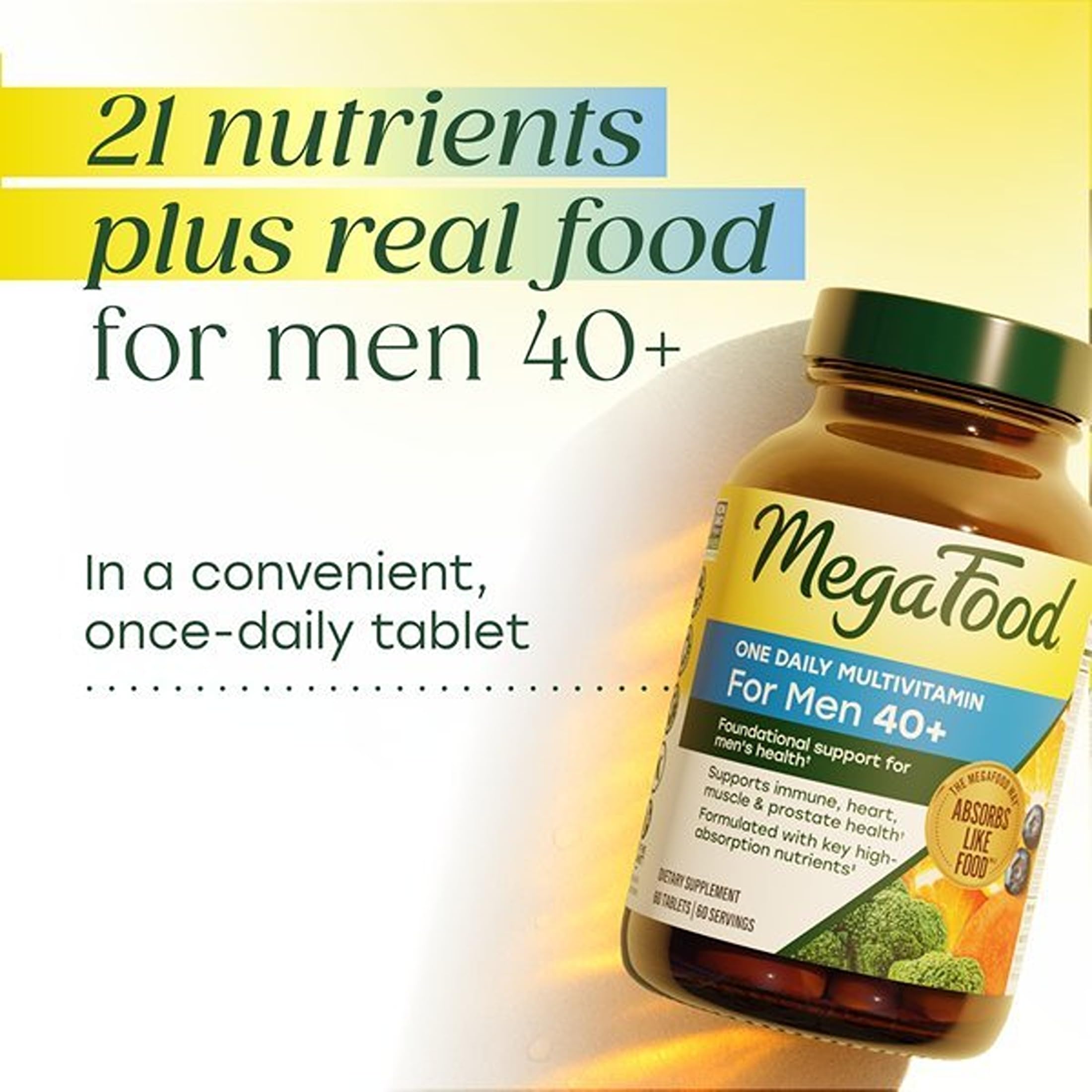 MegaFood One Daily Multivitamin for Men 40+ with 21 Nutrients, 90 Tablets | Immune Support, Heart, Muscle & Prostate Health, Methylated B12, Methylfolate, Vitamin D3, C & Zinc, Vegetarian, 90 Servings