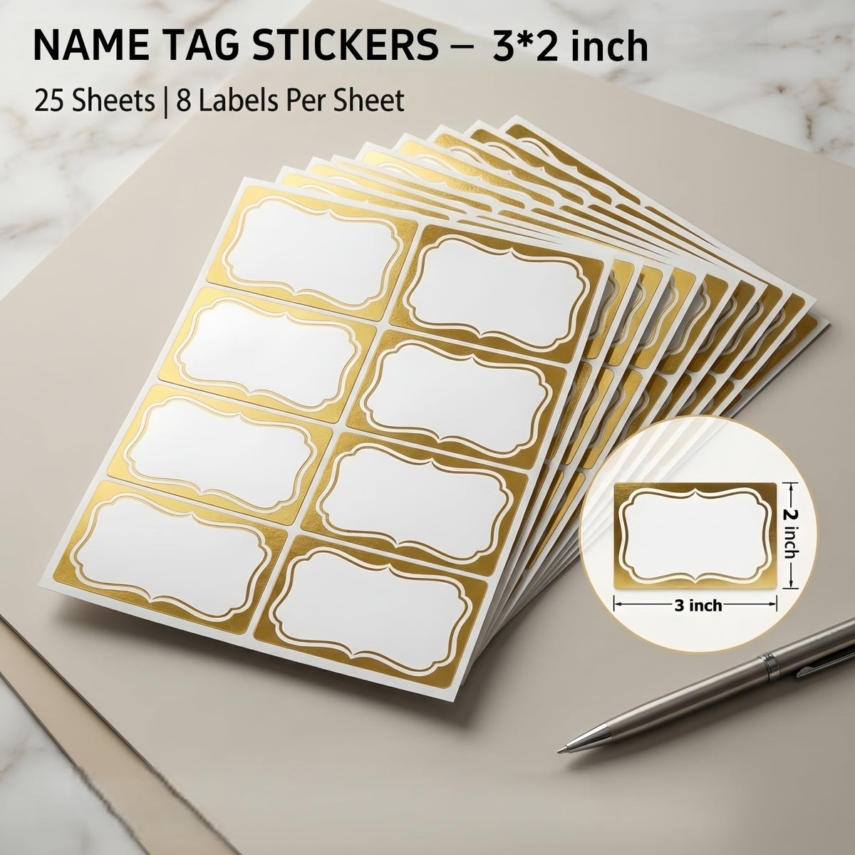 Gold Name Tag Stickers, 200 PCS Blank Name Tags for Classroom and School