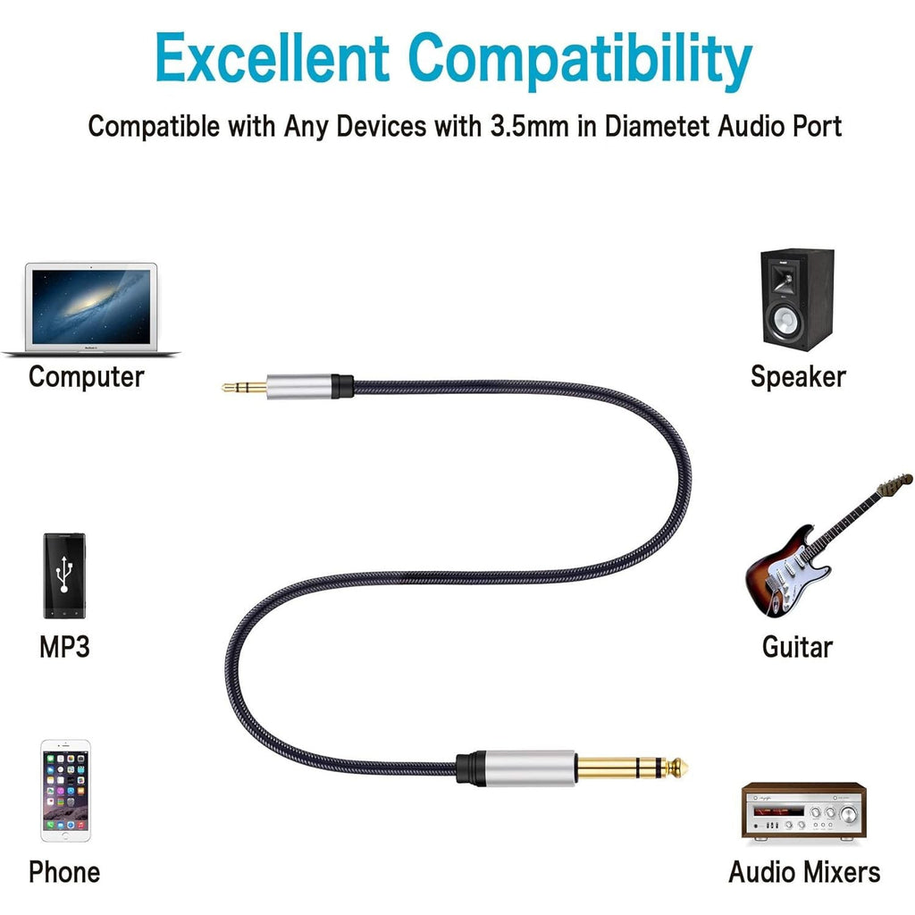 Buy now 3.5 mm to 6.35 mm Audio Cable 10Ft, Gold-Plated Terminal Silver Color Zinc Alloy Housing 3.5mm 1/8" Male TRS to 6.35mm 1/4" Male TRS Nylon Braided Stereo Audio Cable for CellPhone, Amplifiers(10Ft/3M) at indiglob india