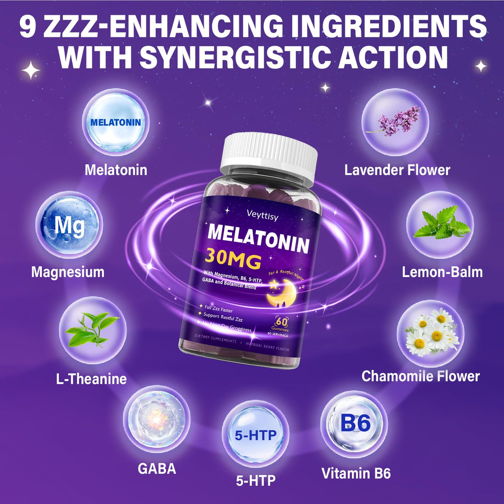 Melatonin 30mg Gummies for Adults - Sugar Free Melatonin Gummies | Maximum Strength with Magnesium, B6, GABA & Botanical Blend - Non-Habit Forming, Vegan, Non GMO, Natural Mixed Berry Flavor