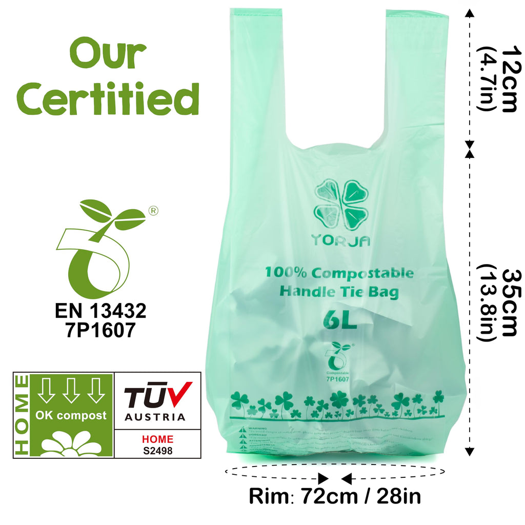 1.6 Gallon Tie Handles Compost Trash Bags 120 Food Scrap Bags, Compostable Kitchen Waste Bags with Europe EN13432 & ASTM D6400 Certified