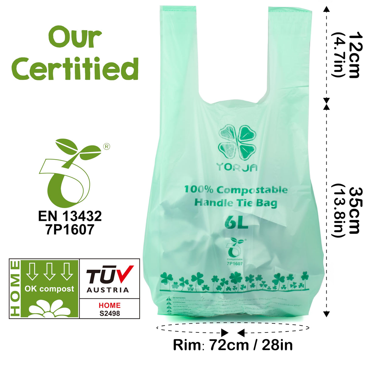 1.6 Gallon Tie Handles Compost Trash Bags 120 Food Scrap Bags, Compostable Kitchen Waste Bags with Europe EN13432 & ASTM D6400 Certified
