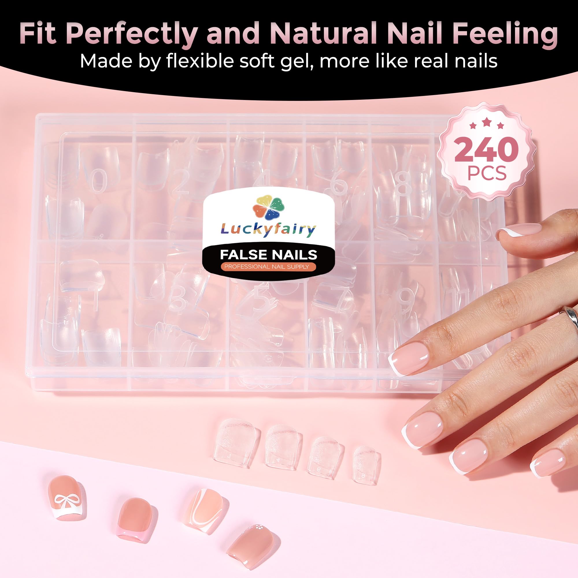 Luckyfairy Extra Short Square Fake Nails, Soft Gel Pre-Shaped Acrylic XS Short Square Nail Tips, Half Matte Full Cover Clear Press on Flase Nail Tips for Nail Extension Home DIY 240pcs/12 Sizes