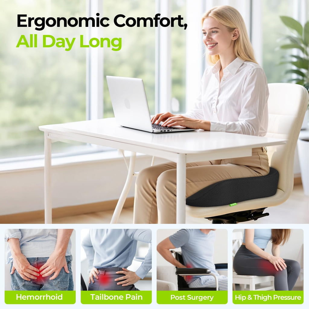 AUVON Ergonomic Donut Pillow Seat Cushion for Hemorrhoid & Tailbone Pain Relief, Thick Memory Foam Chair Cushion with Firm Support for Coccyx, Sciatica, Pressure Sores, Pregnancy, Postpartum Recovery