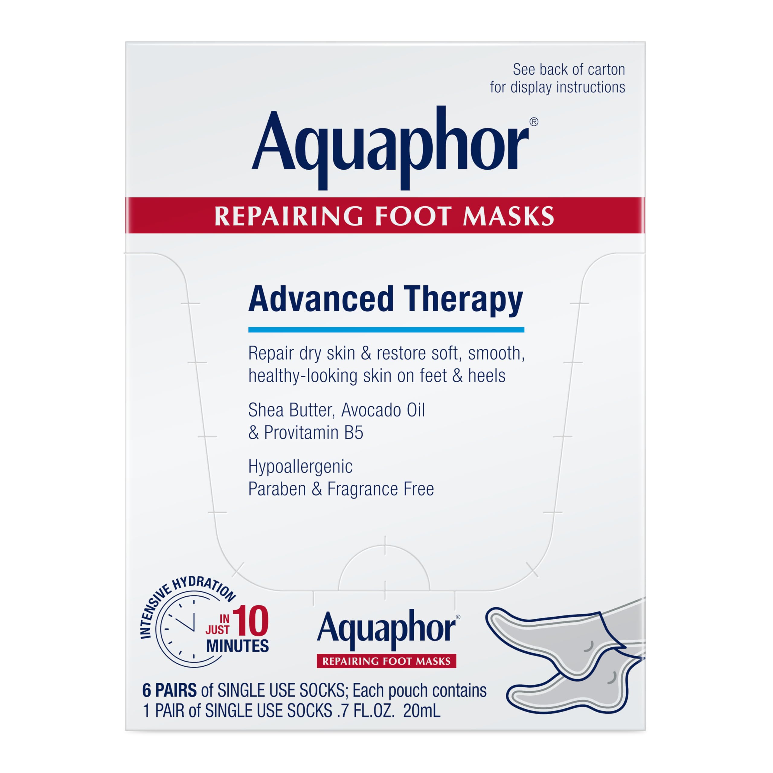 Aquaphor Advanced Therapy Repairing Foot Masks, 6 Masks x 0.7 FL OZ | Moisturizing Socks for Dry Feet, Hydrating Foot Care Treatment with Avocado Oil and Shea Butter, Paraben and Fragrance Free