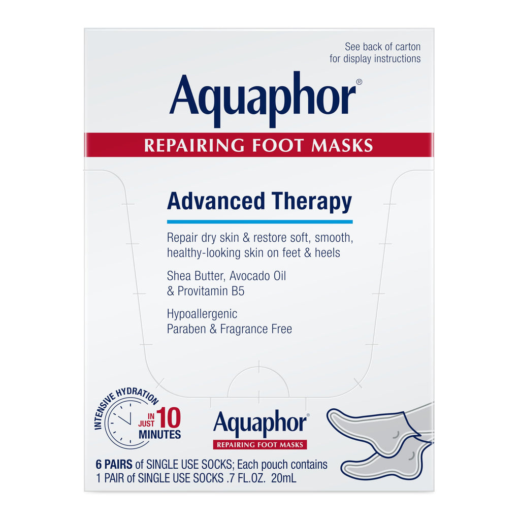 Aquaphor Advanced Therapy Repairing Foot Masks, 6 Masks x 0.7 FL OZ | Moisturizing Socks for Dry Feet, Hydrating Foot Care Treatment with Avocado Oil and Shea Butter, Paraben and Fragrance Free