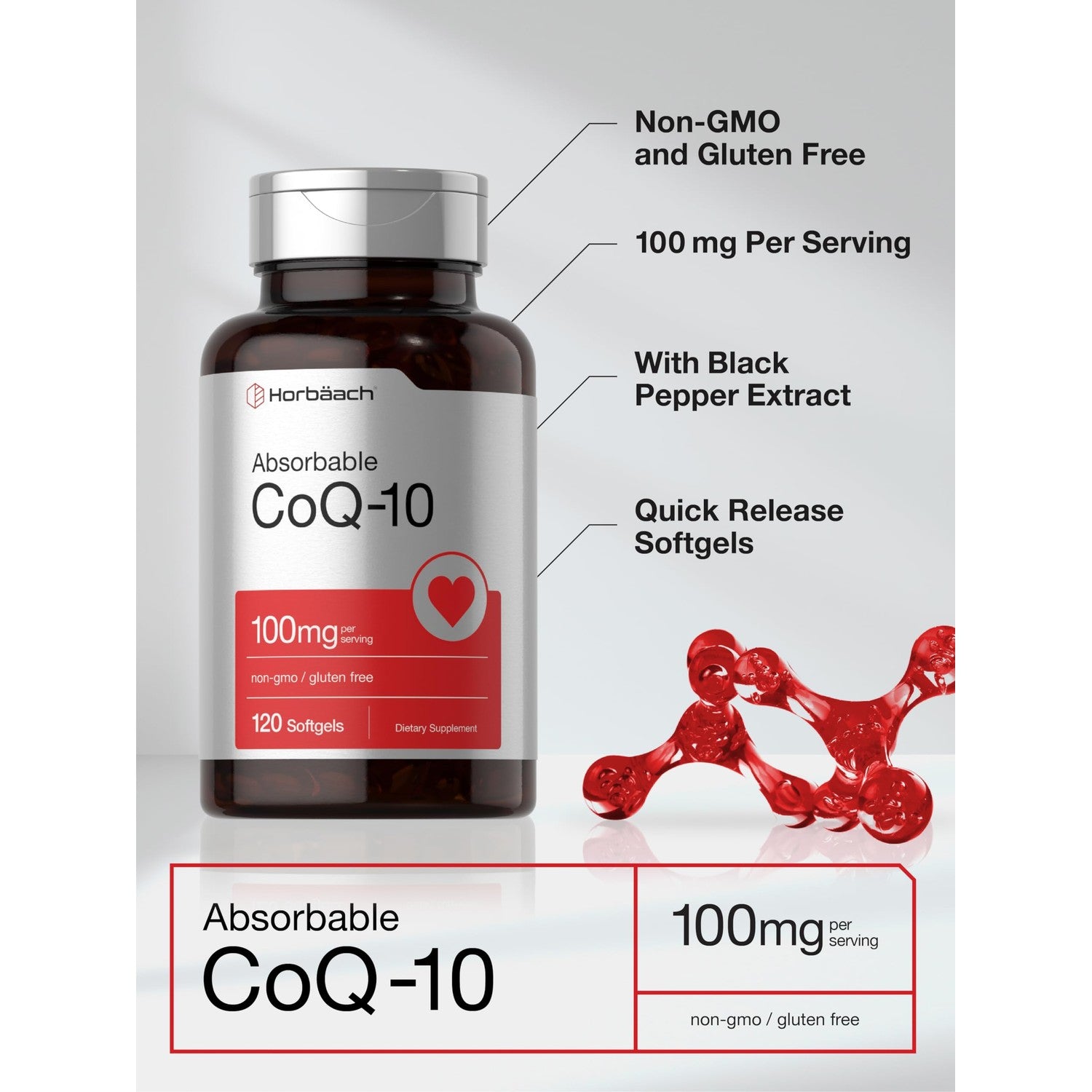 Horbäach CoQ10 100mg Softgels | 120 Count | Non-GMO and Gluten Free Supplement