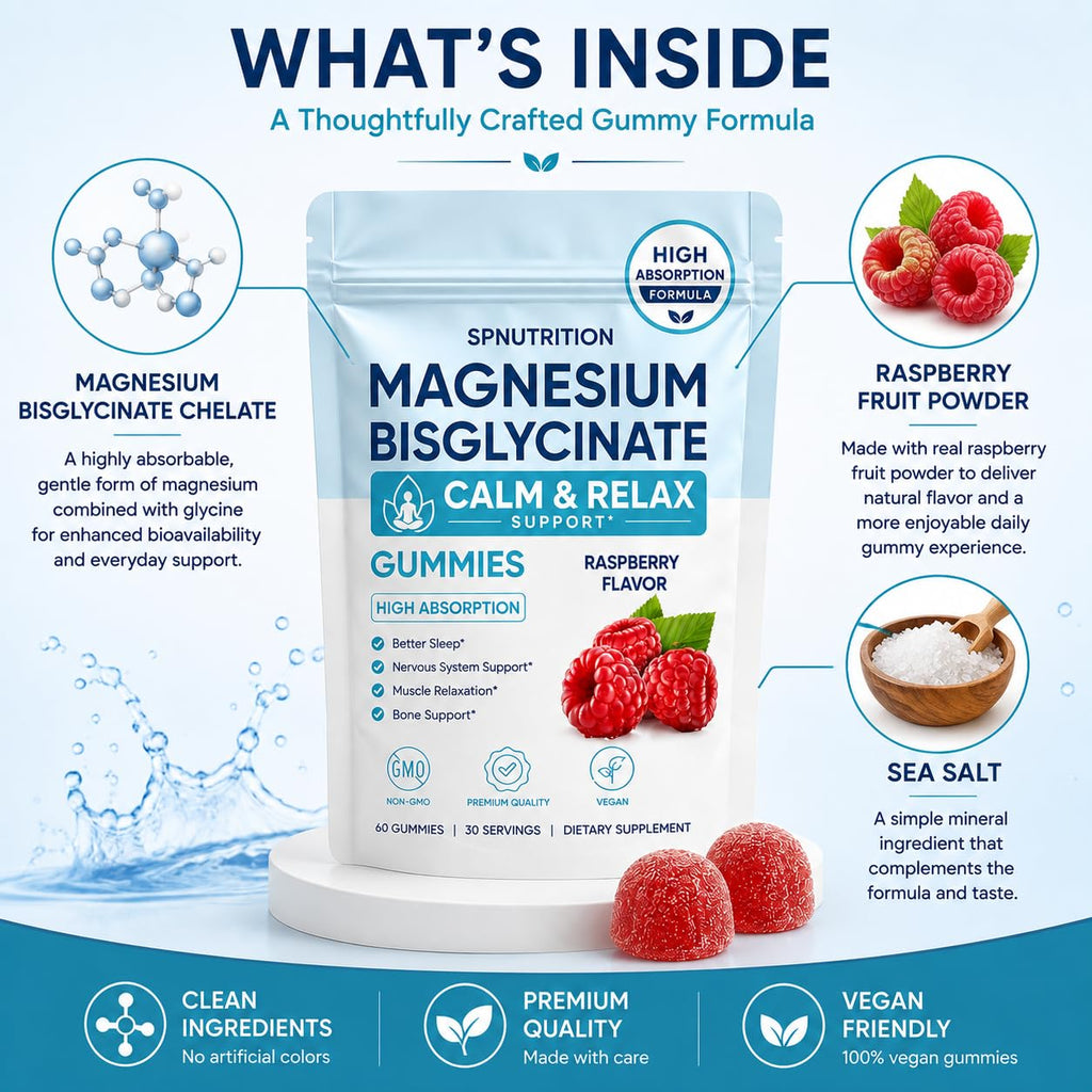 Magnesium Bisglycinate Gummies, 400mg Magnesium Bisglycinate Chelate with Sea Salt & Raspberry Powder, Supports Sleep, Nerve & Muscle Relaxation, Bone Health Support, Vegan, 60 Gummies (1)