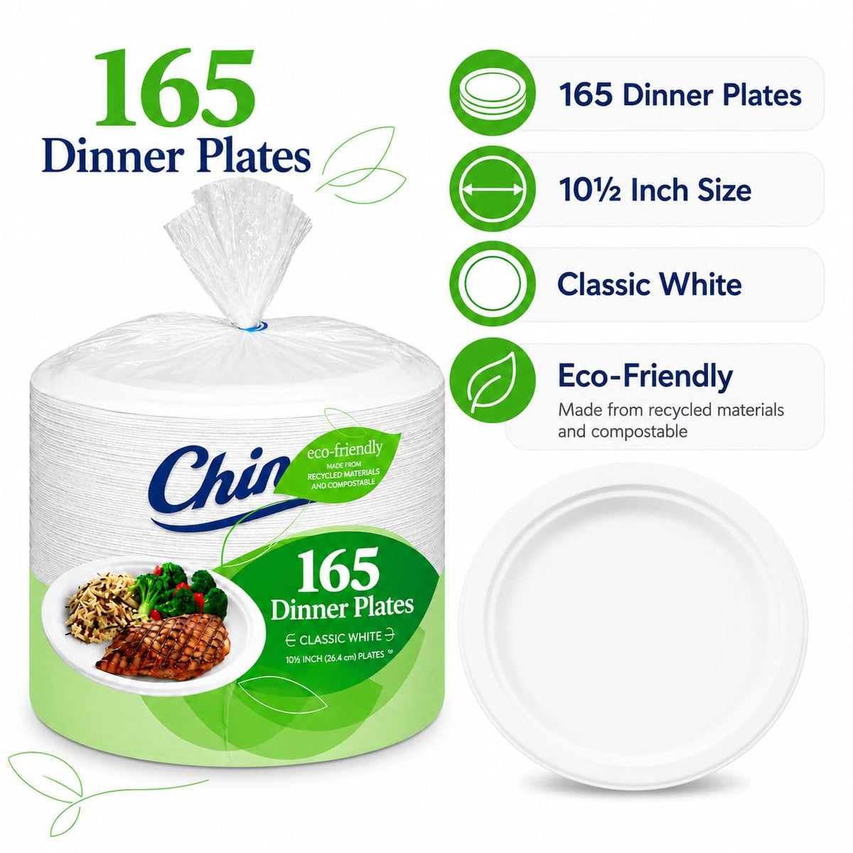 Heavy-Duty Paper Dinner Plates – 10 3/8" Disposable Plates, Grease-Resistant & Cut-Resistant – 165 Count Bulk Pack for Parties, Catering, or Everyday Use