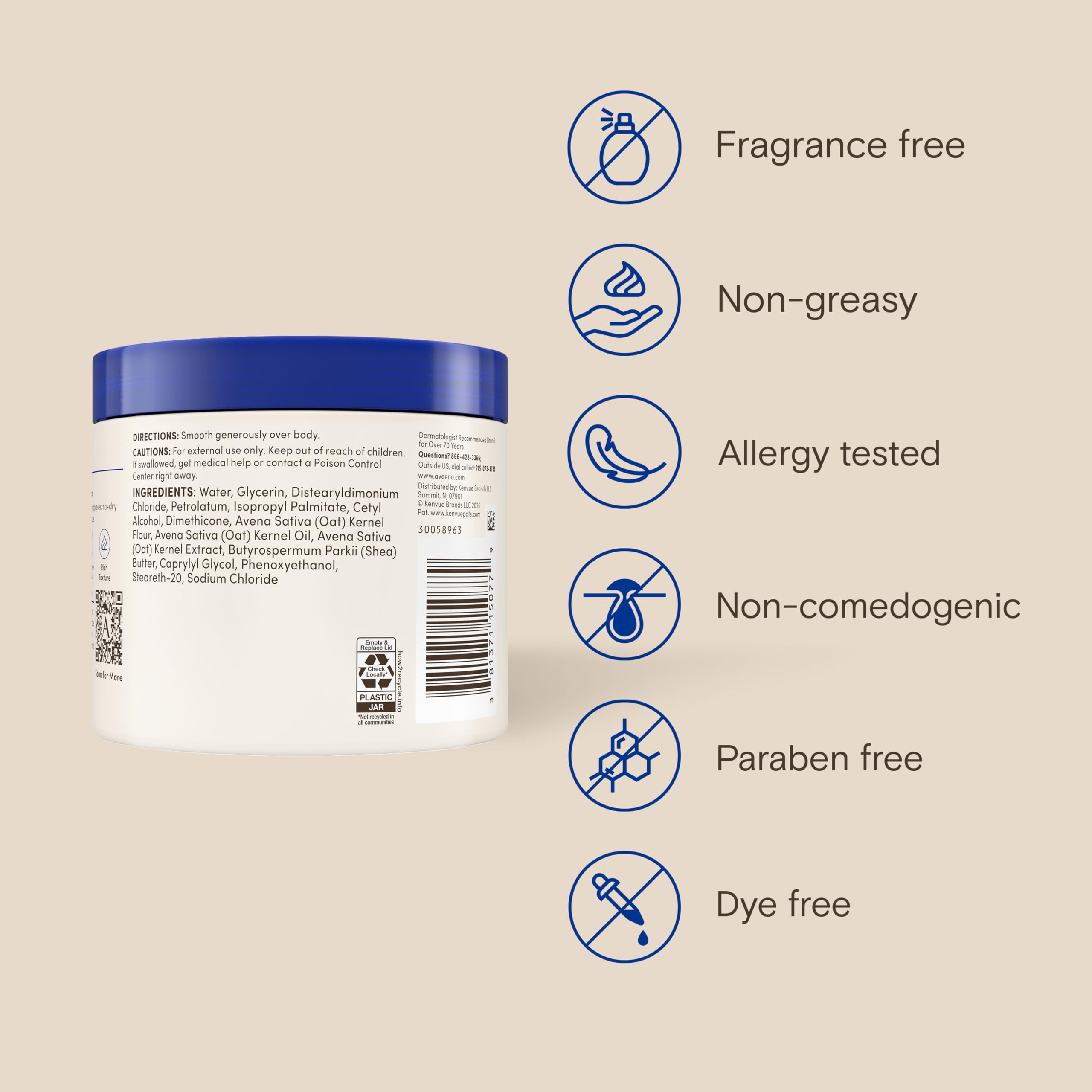 Aveeno Skin Relief Intense Moisture Repair Body Cream with Triple Oat & Shea Butter Formula, Moisturizing Cream Heals & Restores Very Dry Skin with Long-Lasting Moisture, Fragrance-Free, 11 Oz