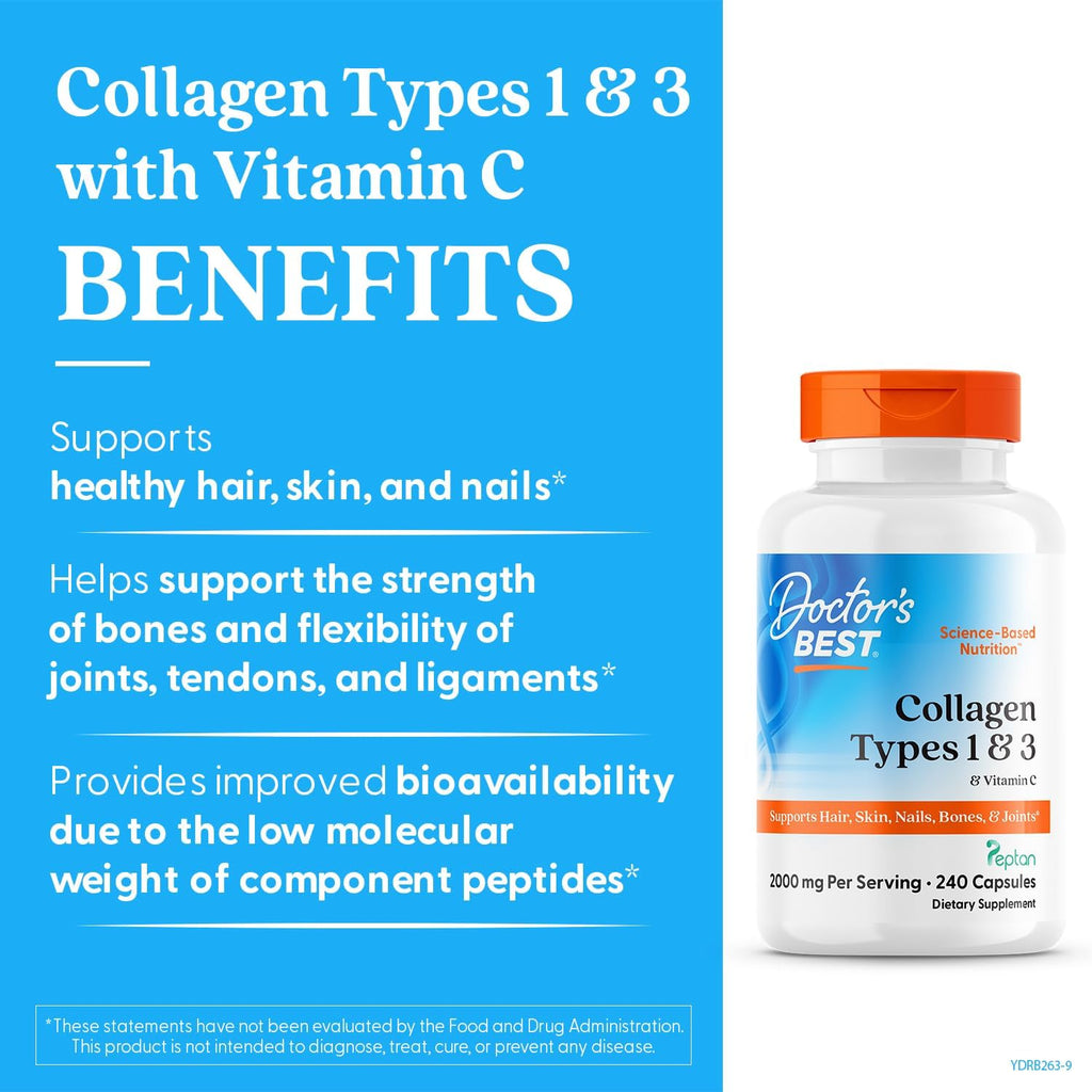 Buy now Doctor's Best Collagen Types 1 & 3 with Vitamin C, Non-GMO, Gluten Free, Soy Free, Supports Hair, Skin, Nails, Tendons & Bones, 500 mg, 240 Caps (DRB-00263) at indiglob india