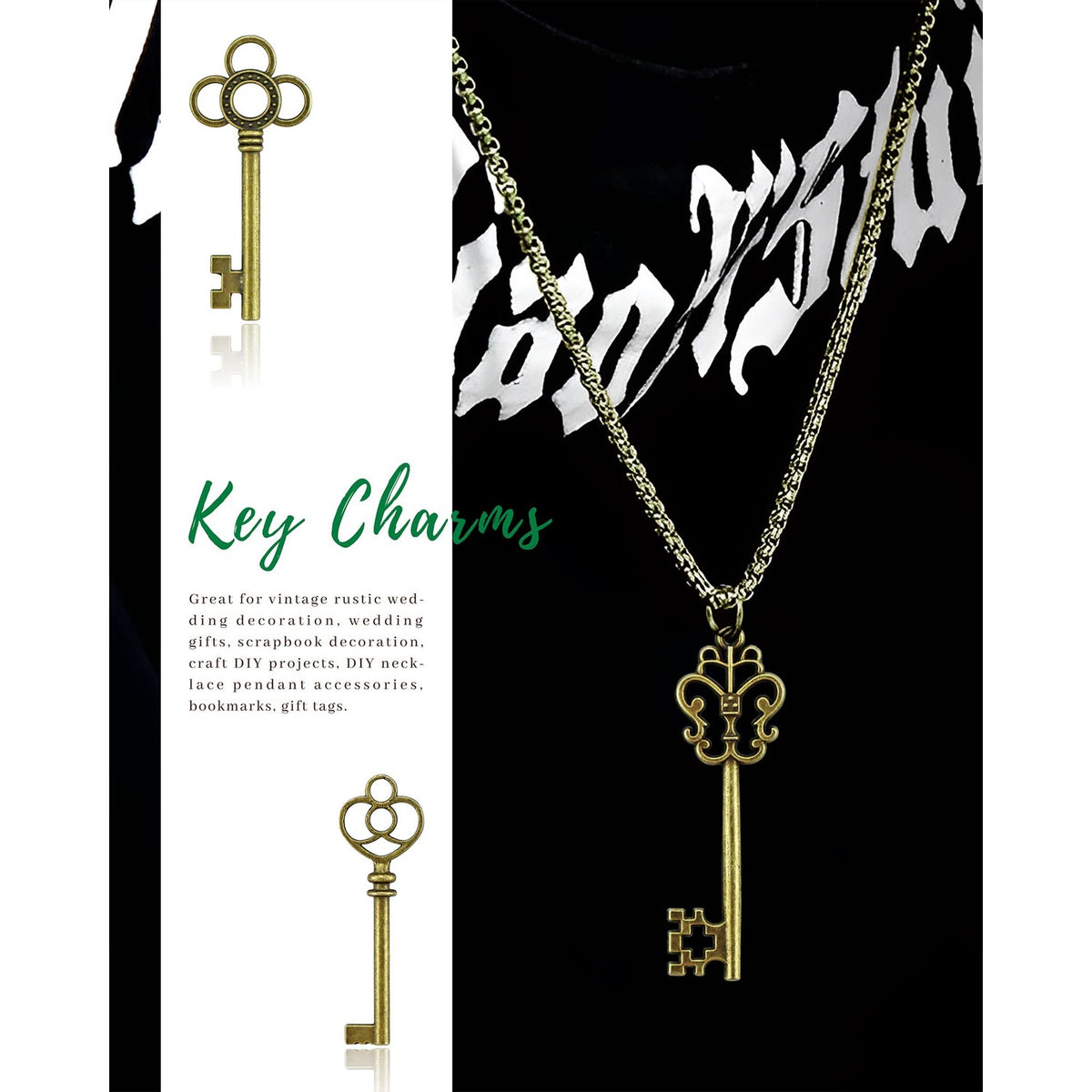 JIALEEY 3 Type of 30 PCS Vintage Large Skeleton Key Set Charms, Mixed Antique Style Bronze Brass Key Set Charms for Pendant DIY Jewelry Making Wedding Party Favors