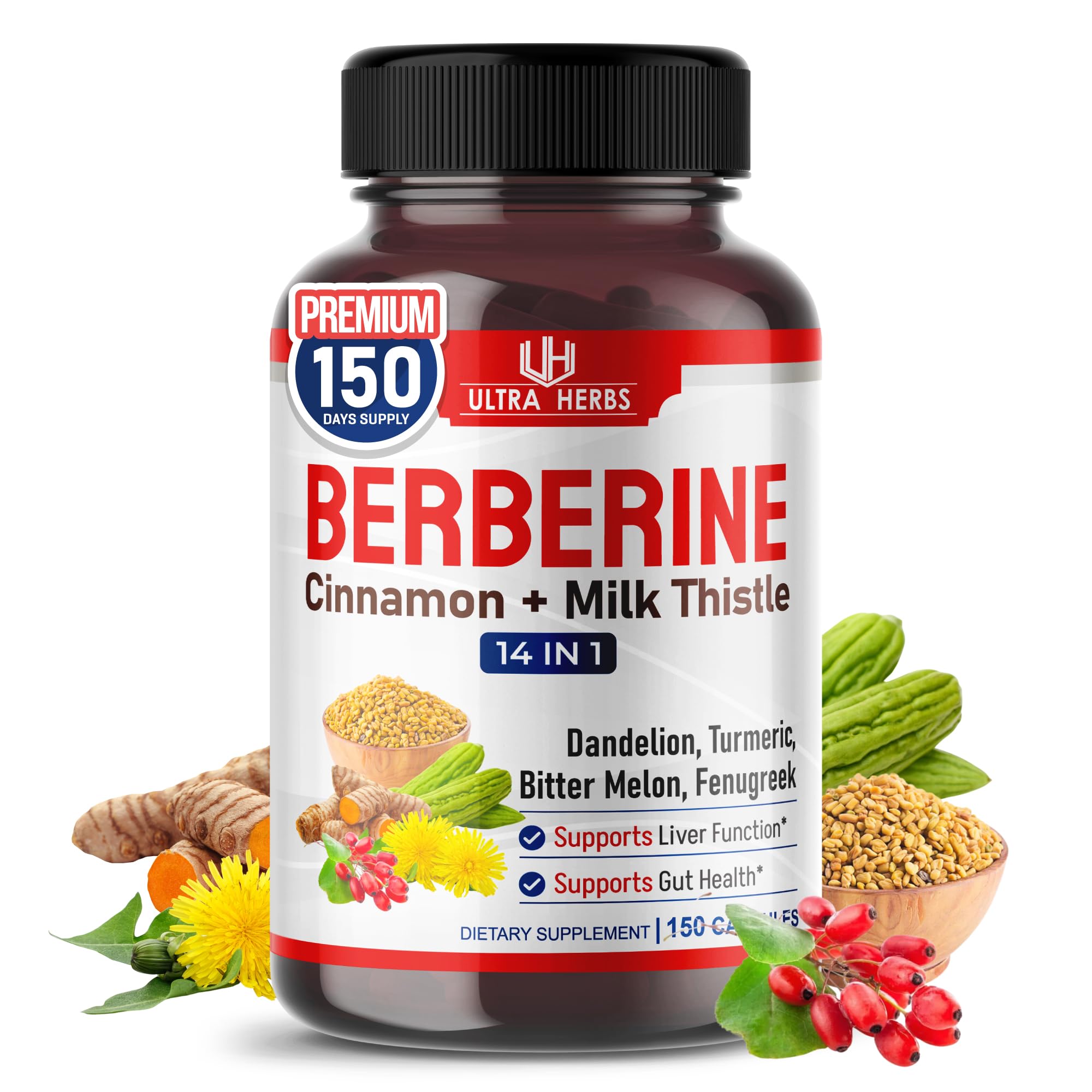 Berberine Supplement with Ceylon Cinnamon & Milk Thistle, Berberine HCL Complex, Daily Metabolic Wellness Formula, 150 Capsules, Non-GMO, Gluten Free, Quality Tested