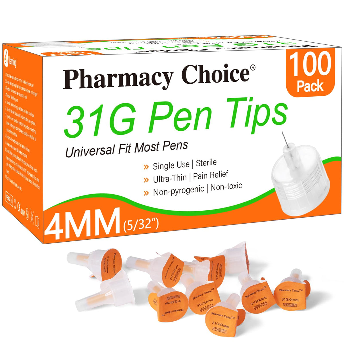 Pen Tips 31G x 4mm(5/32") Universal Fit, Sterile，Ultra-Thin Wall Technology. Comfortable and Precise，100 Count