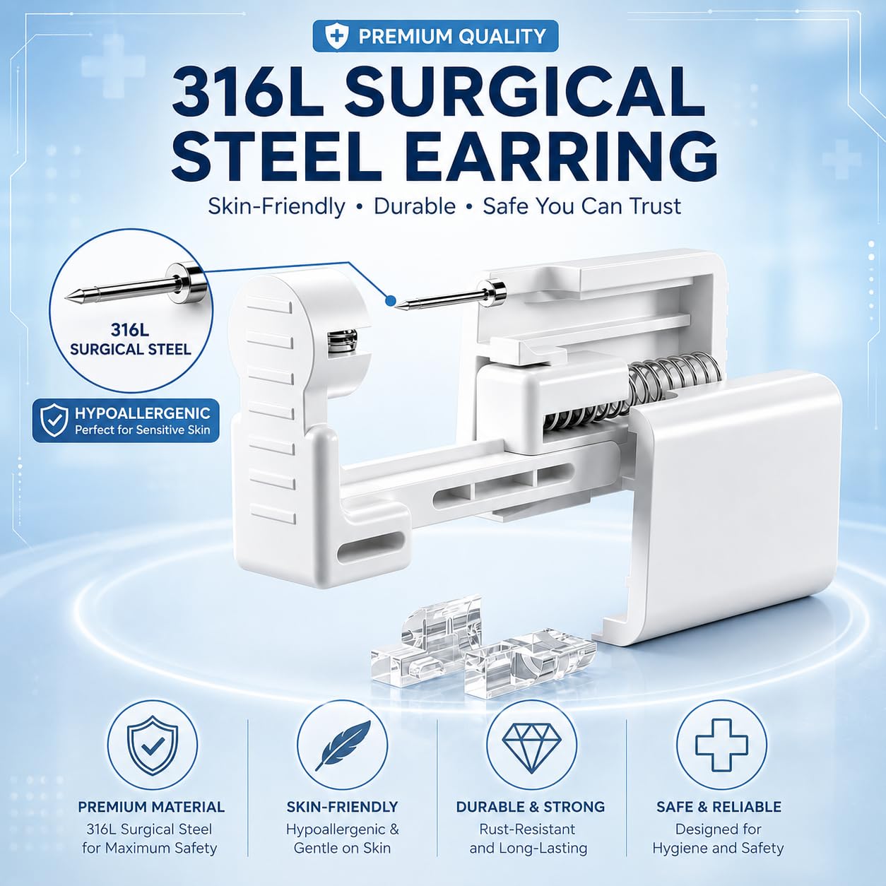 Anzero Ear Piercing Kit, Disposable Ear Piercing Gun with 5MM CZ Studs | Sterile Packed, 316L CZ Studs, Painless Quick Piercing, Easy and Safe, Home Self-Use, Suitable for Women, Men and Girls