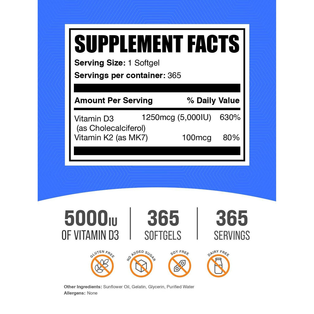 BulkSupplements.com Vitamin D3 + K2 5000 IU Softgels - D3 K2 Supplement, for Immune Health - Gluten Free, 1 Softgel per Serving, 365 Count (Pack of 1)