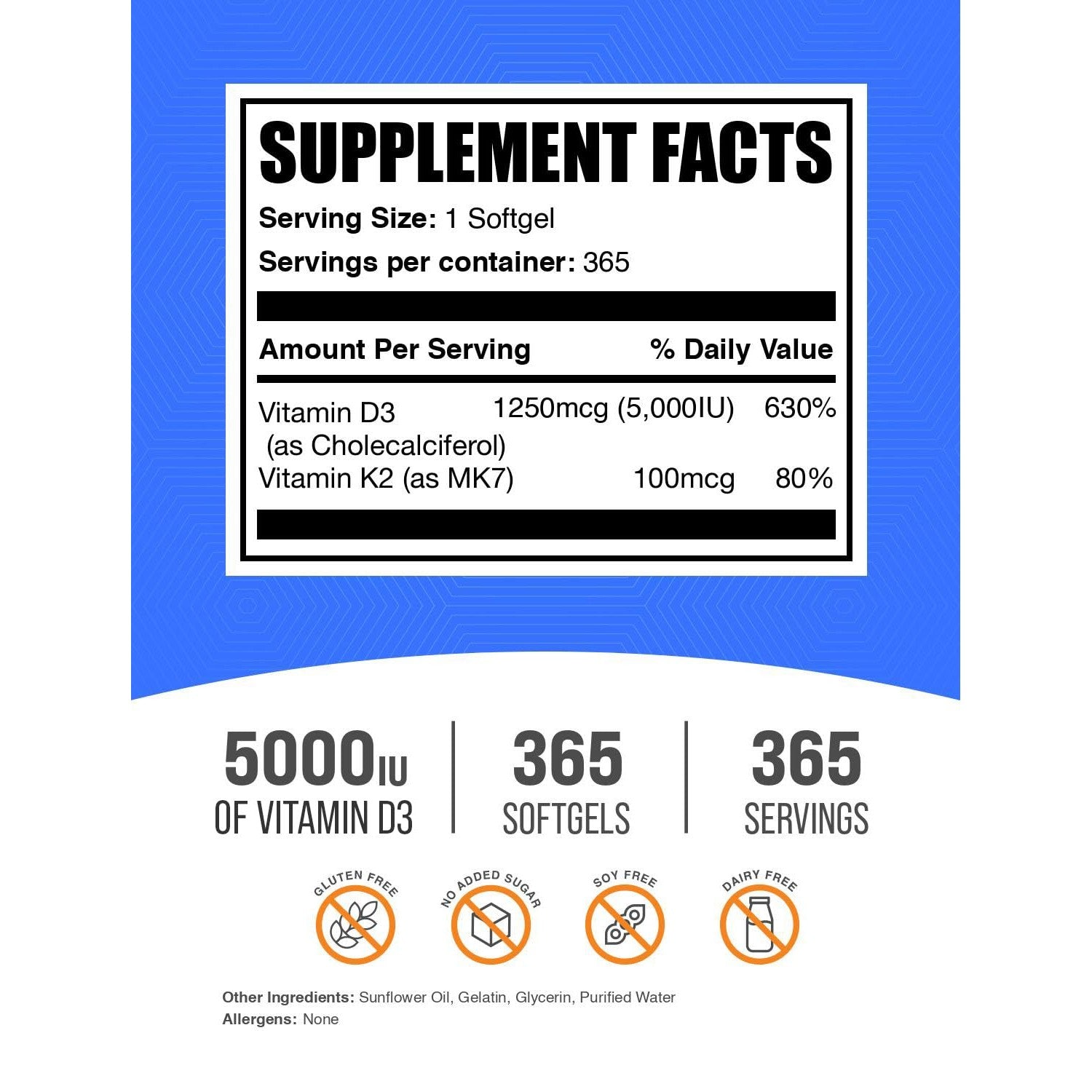 BulkSupplements.com Vitamin D3 + K2 5000 IU Softgels - D3 K2 Supplement, for Immune Health - Gluten Free, 1 Softgel per Serving, 365 Count (Pack of 1)