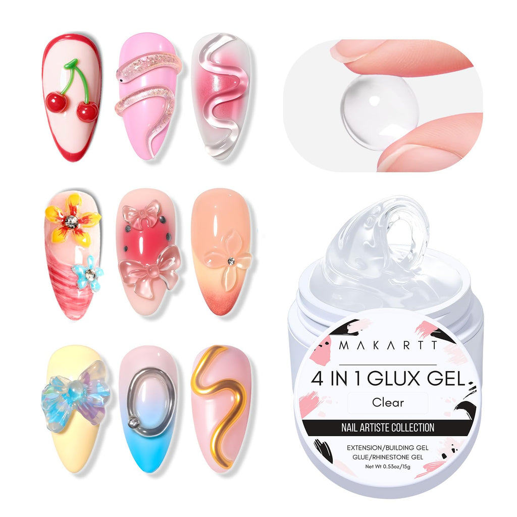 Makartt 3D Gel Nail Art, Clear Non-Sticky 4-in-1 Glux Gel | For Molding, Carving, Shaping, Raised Designs and Nail Extension, UV/LED Cure, Home DIY and Professional Nail Art, 15g