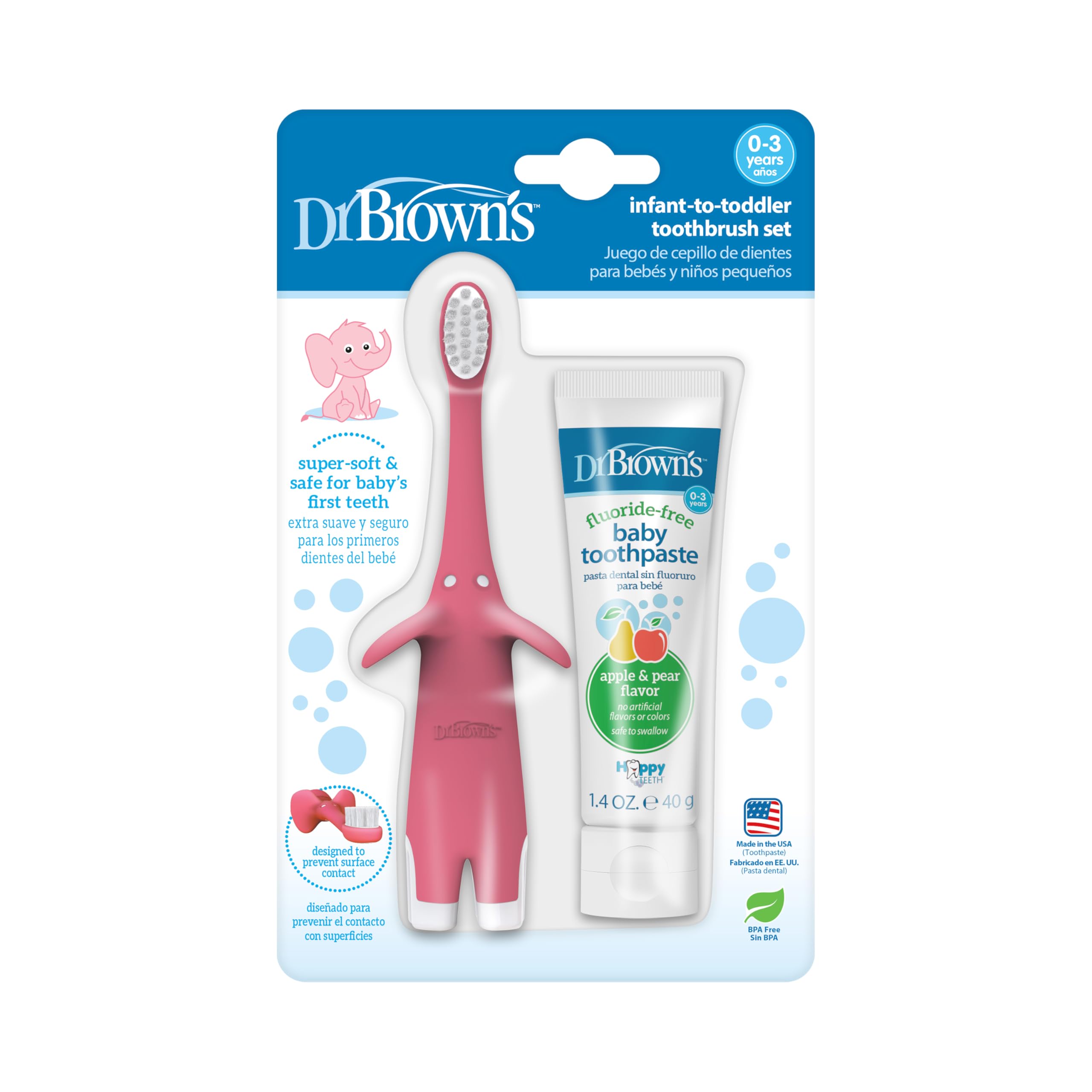 Buy now Dr. Brown's Infant-to-Toddler Toothbrush, Giraffe & Strawberry Toothpaste Set Pink Elephant with Toothpaste at indiglob india