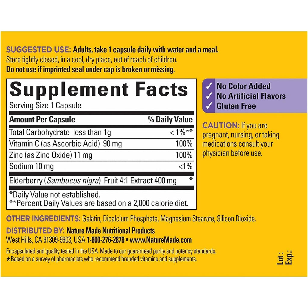 Nature Made Elderberry 400 mg Extract with Vitamin C and Zinc, Dietary Supplement for Immune Support, 60 Capsules, 60 Day Supply (Pack of 2)