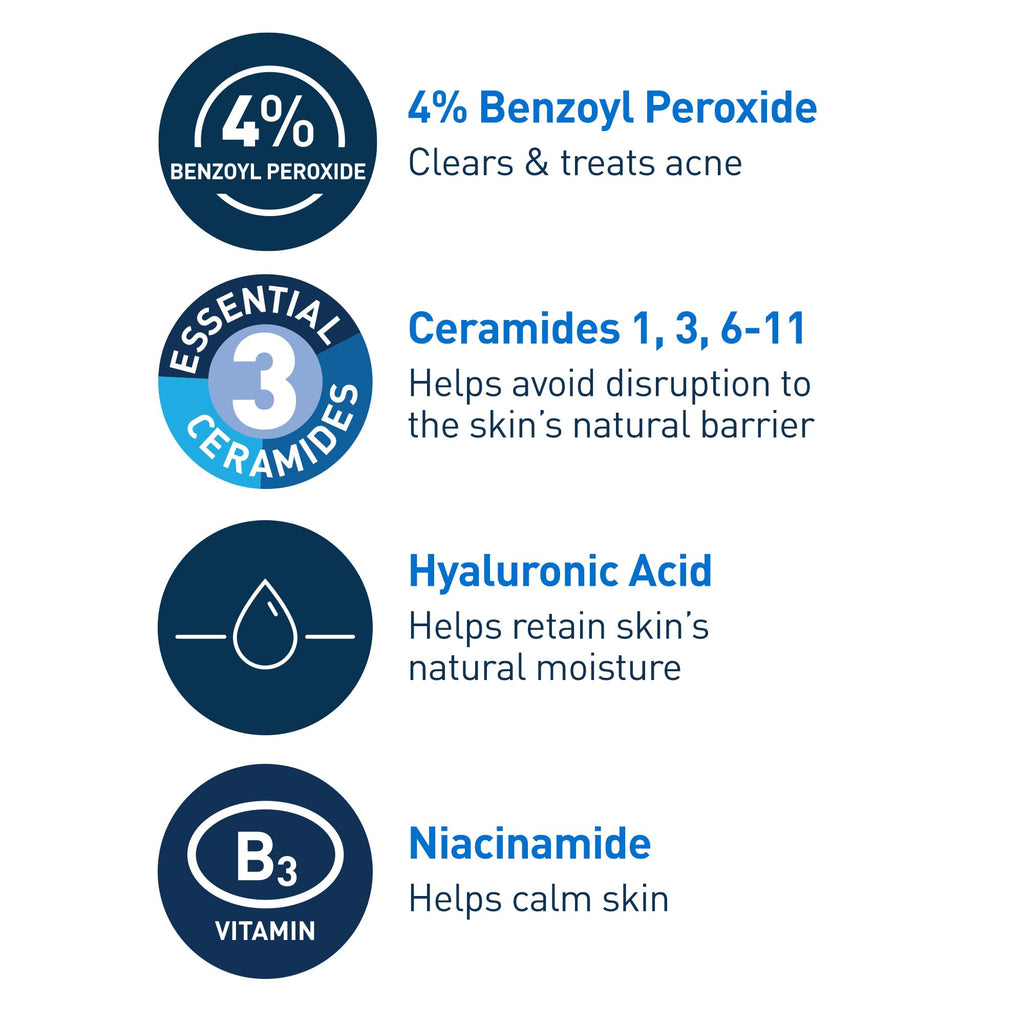 CeraVe Foaming Acne Cream Cleanser, Face Wash with 4% Benzoyl Peroxide, 5oz | Skin Care, Hyaluronic Acid, Niacinamide, Facial Cleanser, Acne Treatment For Face, Face Care, Gentle Cleanser, Ceramides