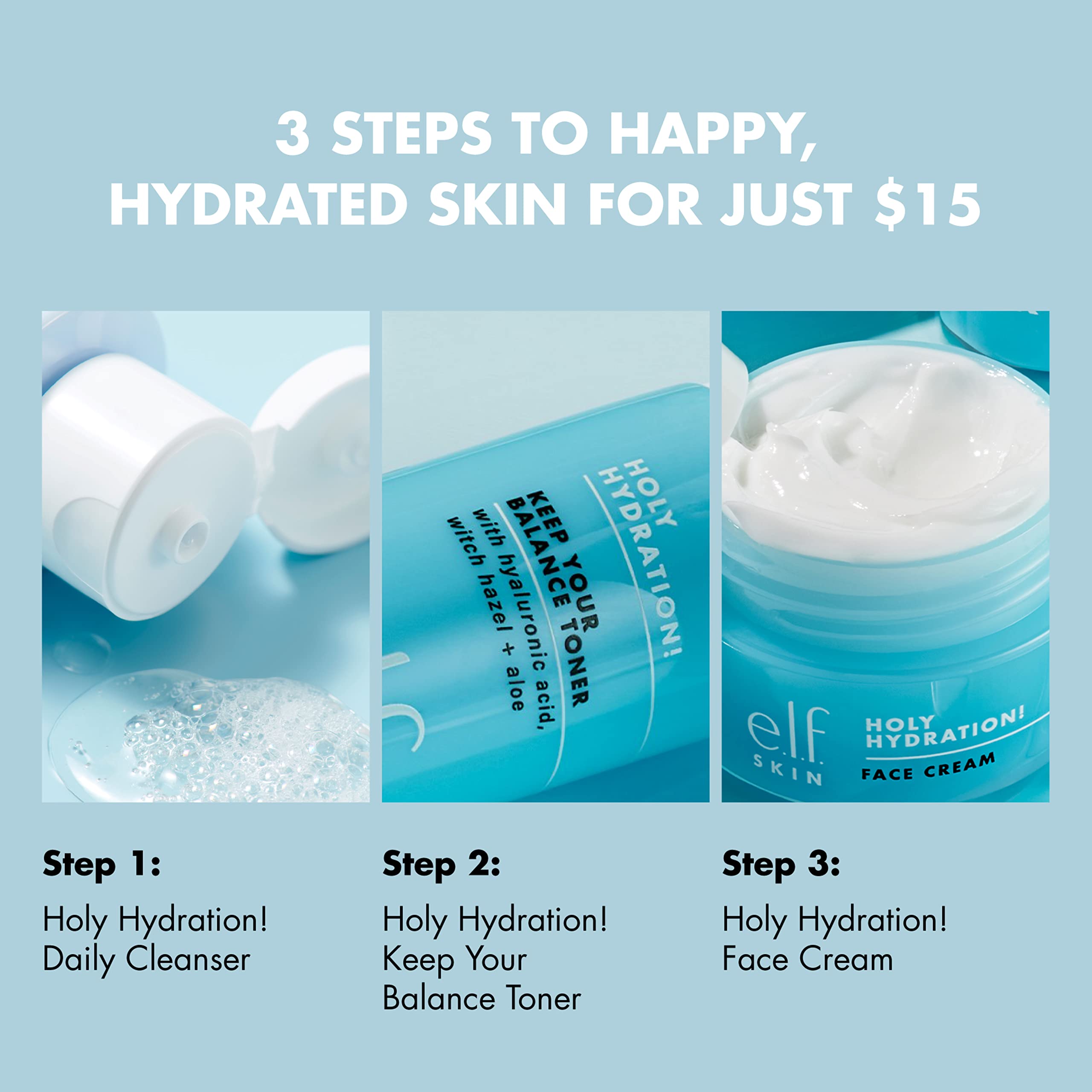 Buy now e.l.f. Skin Holy Hydration! The Essentials Mini Kit, Cleanser, Toner & Moisturizer for Hydrated & Balanced Skin, TSA-Friendly Sizes at indiglob india