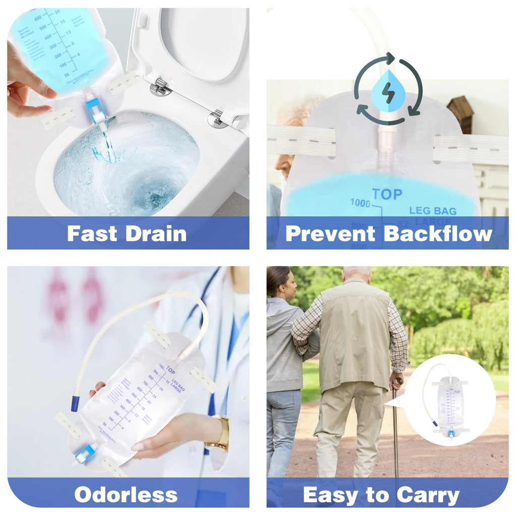 3 Pack Catheter Bags, Premium Easy-Tap Leg Bag Urinary Drainage Bag, 32 Oz with 3 18” Tubing, Anti-Reflux Valve, with Cloth Straps to Attach to Your Foot, Advanced Flip Drain for EZ Disposal