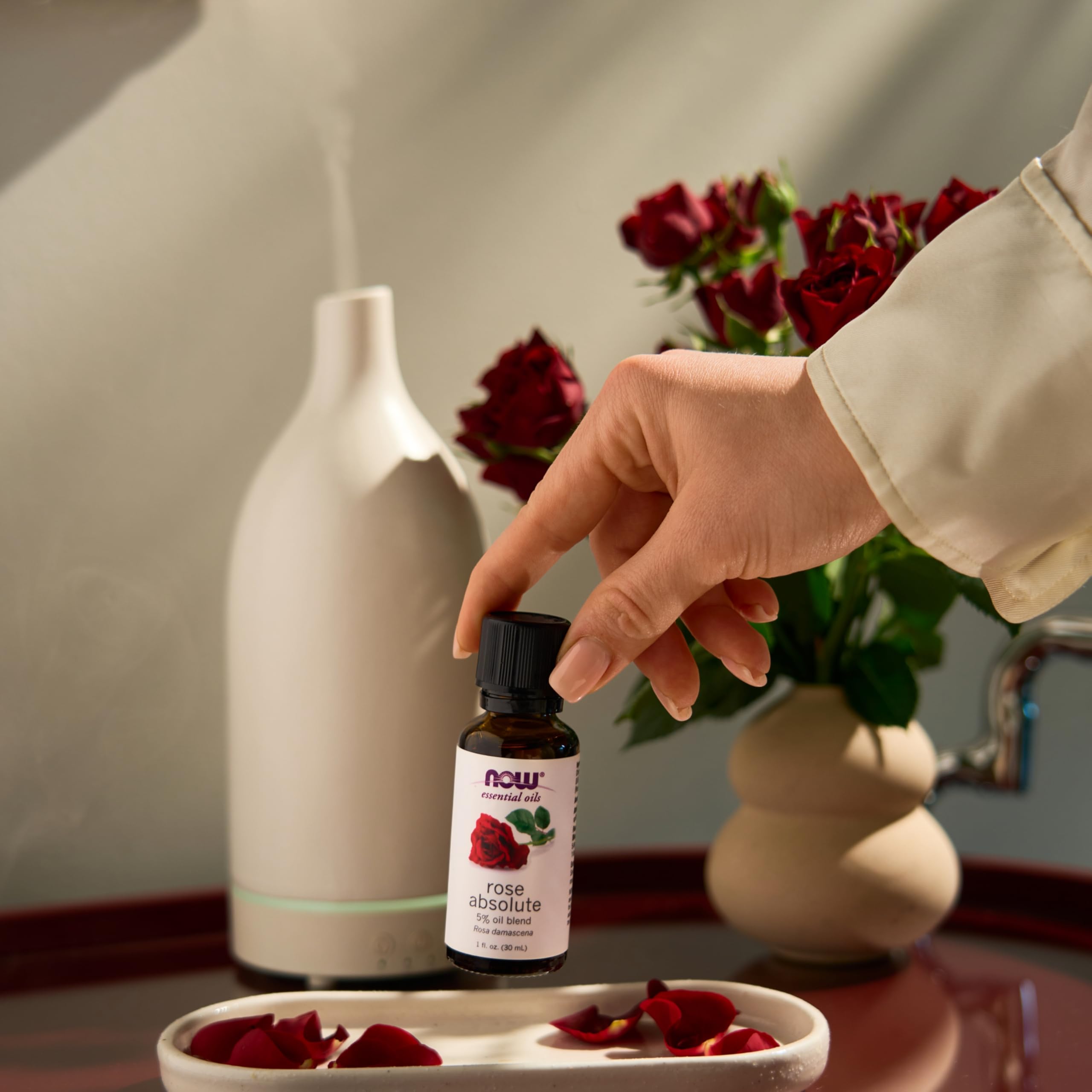 Buy now NOW Essential Oils, Rose Absolute, 5% Blend of Pure Rose Absolute Oil in Pure Jojoba Oil, Romantic Aromatherapy Scent, Vegan, Child Resistant Cap, 1-Ounce at indiglob india