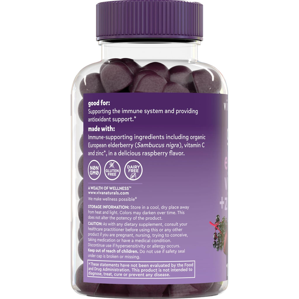 Viva Naturals Black Elderberry Vitamin C and Zinc Immune Support Gummies for Adults, Sambucus Elderberry Gummies with Raspberry Rush Flavor, USDA Organic, Non-GMO, (120 Count)