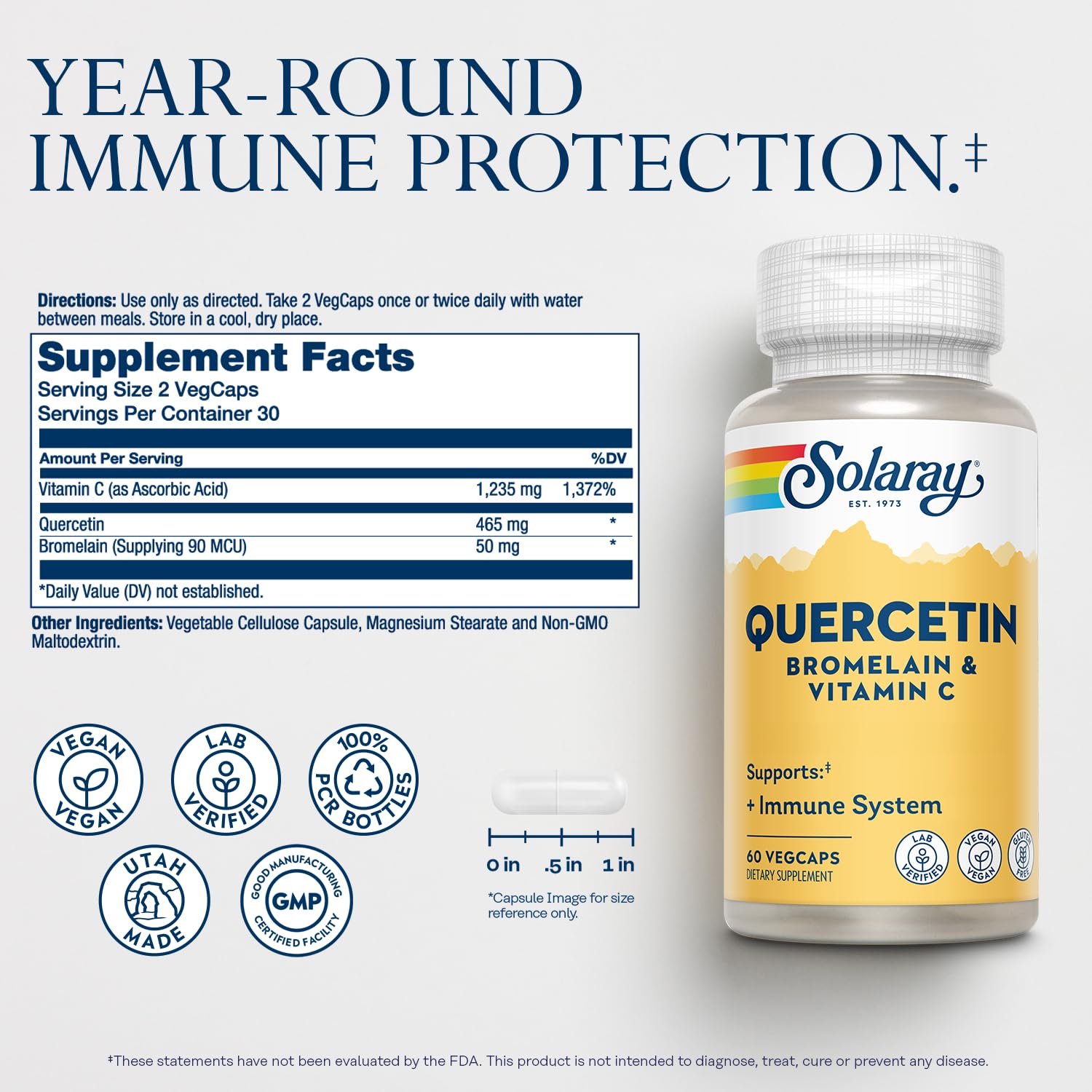 SOLARAY Quercetin Bromelain & Vitamin C (60 CT, 20 Serv) | Immune, Sinus & Antioxidant Support, Quercetin 500 mg, Vitamin C 1, 235 mg, 30 Servings, Vegan & Lab Verified