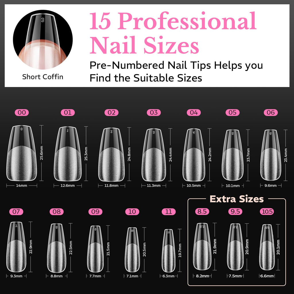 Explore 600 genuine soft gel almond nail tips with pre-numbered sizes for easy application and a flawless finish.