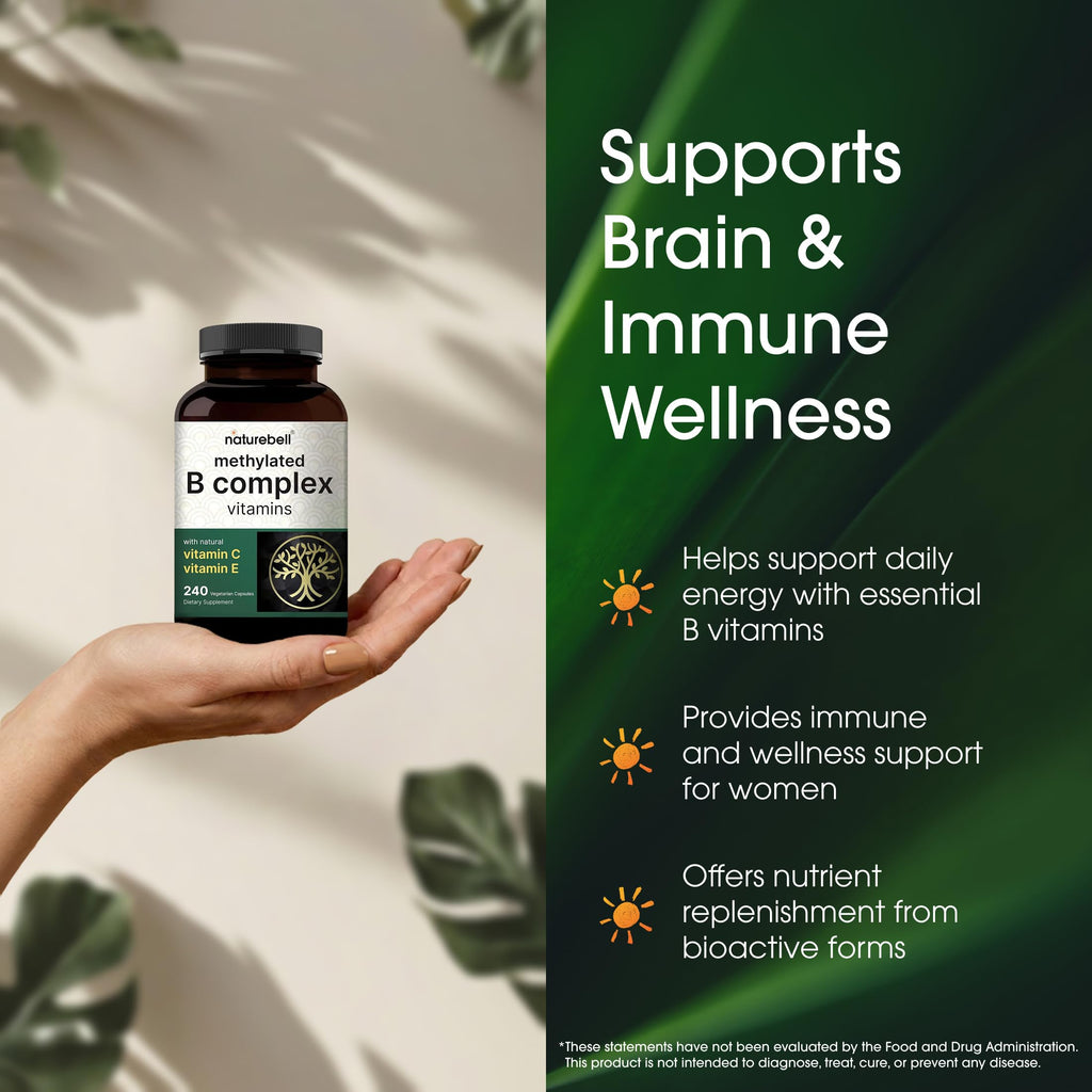 NatureBell Methylated B Complex Vitamins - 240 Vegetarian Capsules - High Bioavailability 12-in-1 Formula - for Immune Health & Energy Support* - Non-GMO & Gluten-Free