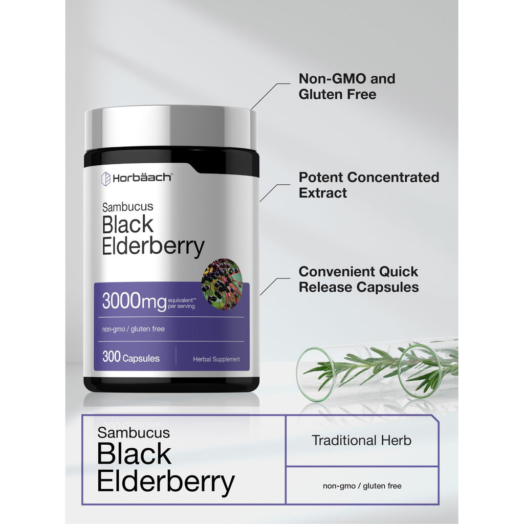 Horbäach Black Elderberry | 300 Capsules | Sambucus Supplement | Non-GMO & Gluten Free