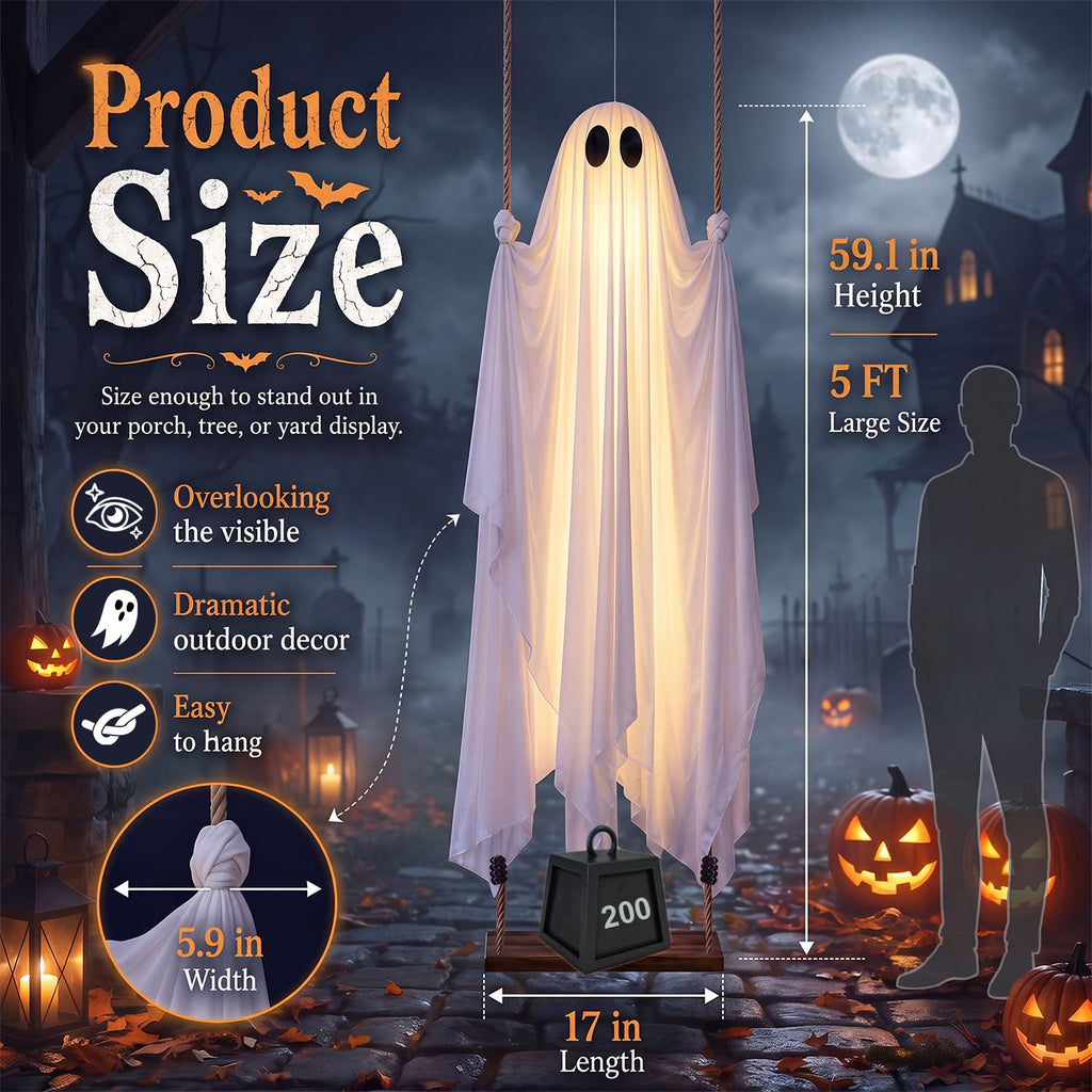 Halloween Decorations Outdoor, 5 FT Hanging Swing Ghost with String Lights, Light Up Large Spooky Cute Decor Kit, Scary Party Decoration for Outside, Garden, Yard, Lawn, Home
