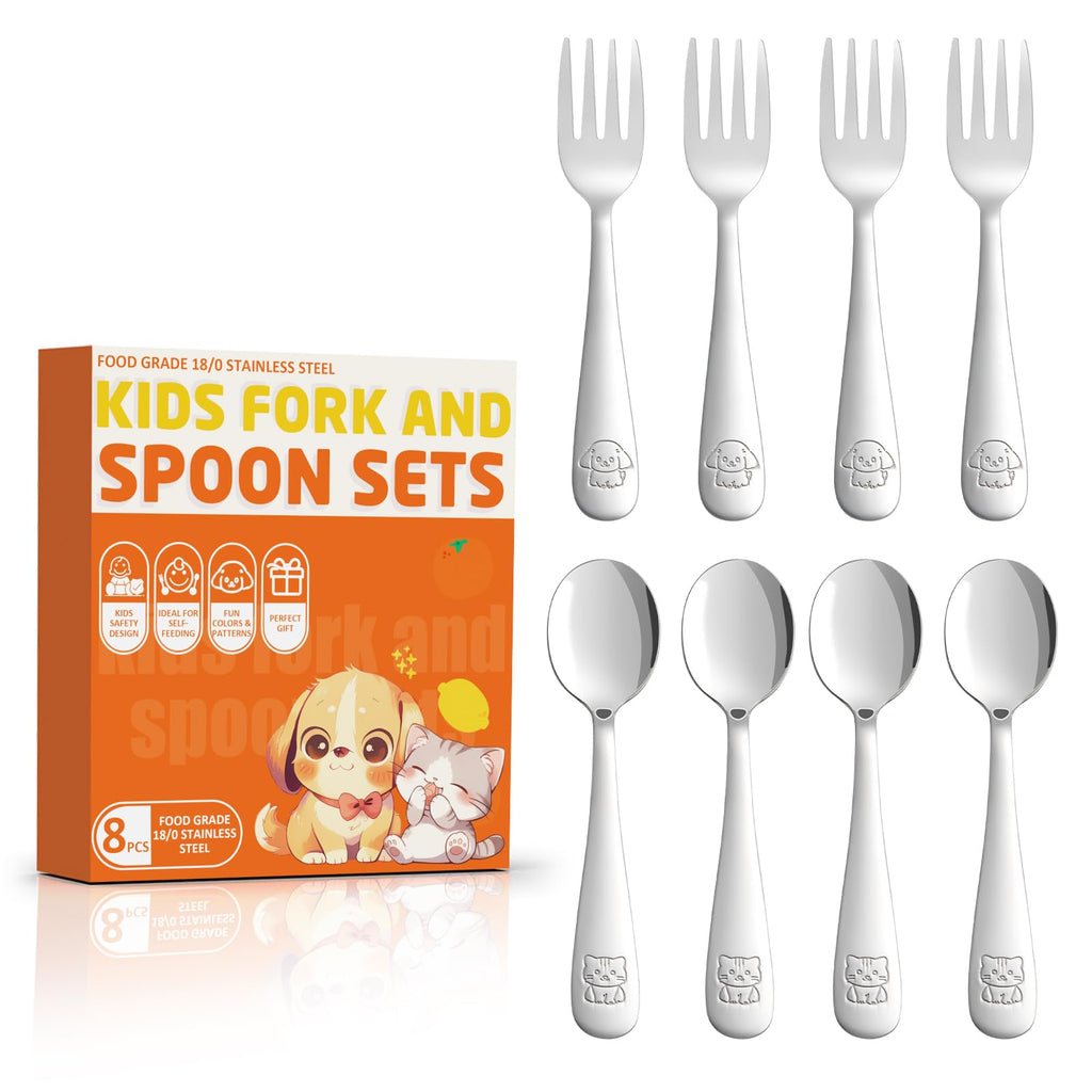 8-Piece Toddler Utensils Set, Food Grade Stainless Steel Kids Silverware Set Including Forks and Spoons, Child-Sized, Dishwasher Safe