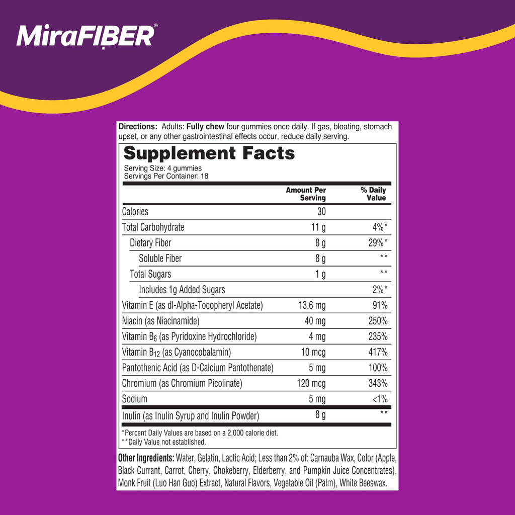 MiraFIBER Gummies, from The Makers of MiraLAX, 8g Per Serving, with B Vitamins, Metabolism Support, Gut Health for Men & Women, Prebiotic Fiber Gummies for Adults, Mixed Fruit Flavor 72Ct