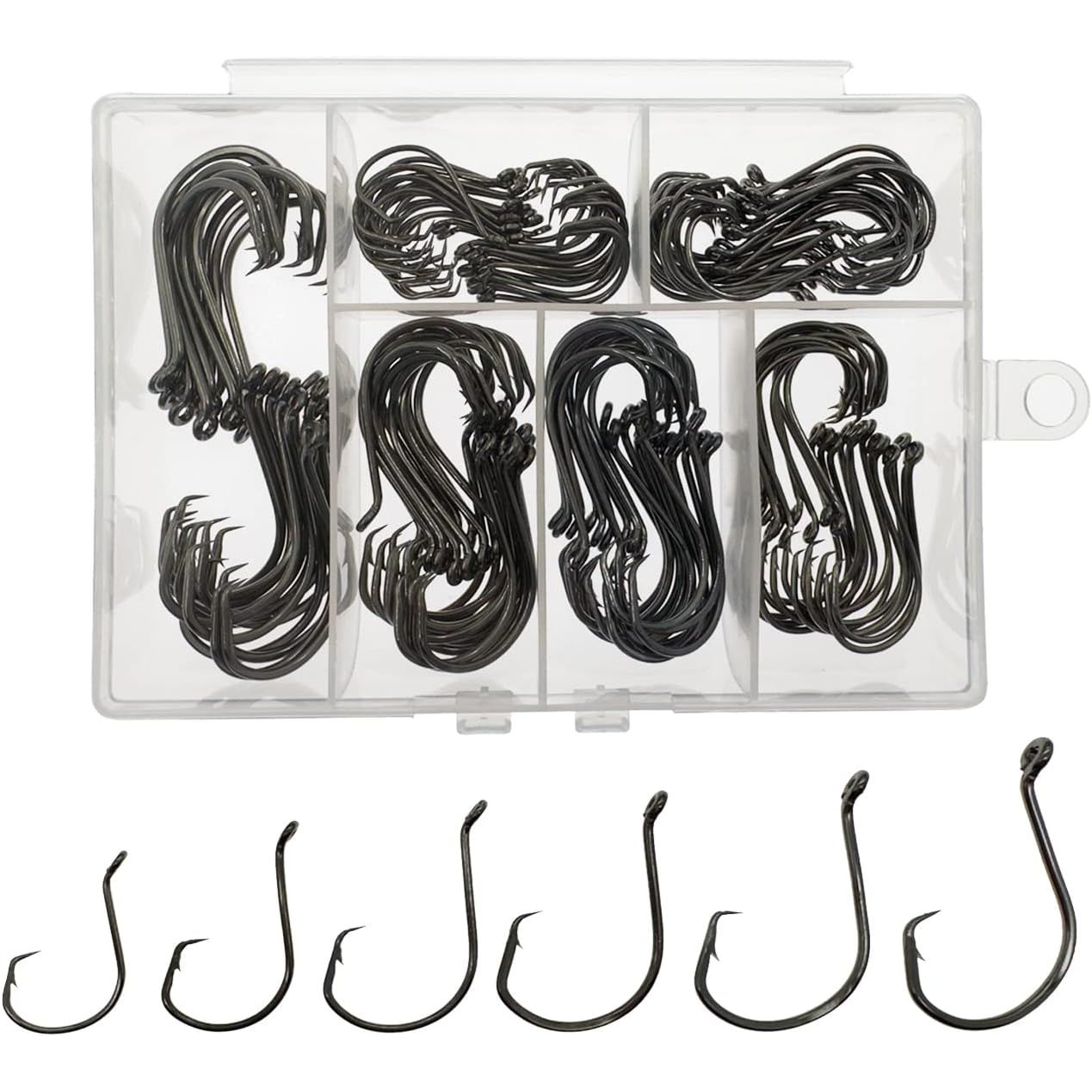 Buy now Fish Hooks for Fishing Gear Tackle, 150PCS Circle Hooks Saltwater, 6sizes Fishing Hooks Saltwater, Catfish Octopus Hook 1/0 2/0 3/0 4/0 5/0 6/0 Black High Carbon Steel with Portable Plastic Box at indiglob india