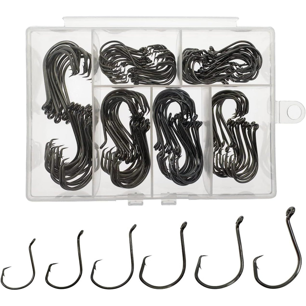 Buy now Fish Hooks for Fishing Gear Tackle, 150PCS Circle Hooks Saltwater, 6sizes Fishing Hooks Saltwater, Catfish Octopus Hook 1/0 2/0 3/0 4/0 5/0 6/0 Black High Carbon Steel with Portable Plastic Box Default at indiglob india