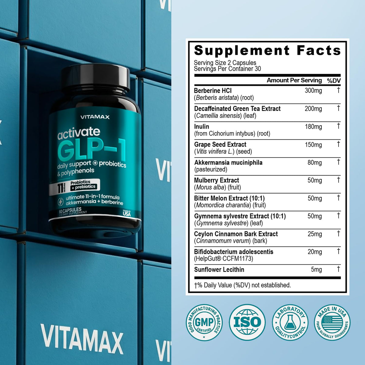 GLP-1 Support Supplement for Weight Management & Appetite Control for Men & Women – With Akkermansia, Berberine, Inulin, EGCG, Probiotics & Polyphenols for Gut Health, Digestion, Hunger & Cravings