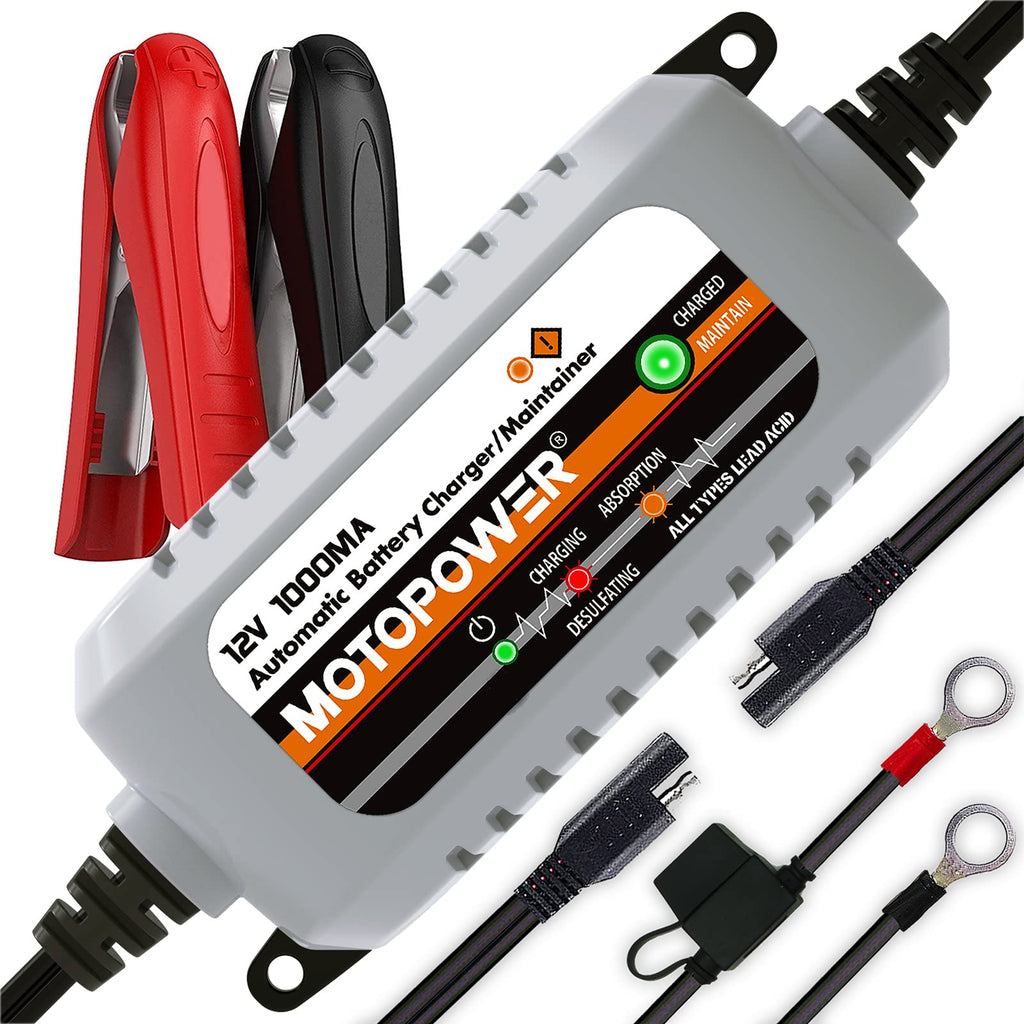 Buy now MOTOPOWER MP00205B 12V 1000mA Automatic Battery Charger, Battery Maintainer, Trickle Charger, and Battery Desulfator with Timer Protection - Grey at indiglob india