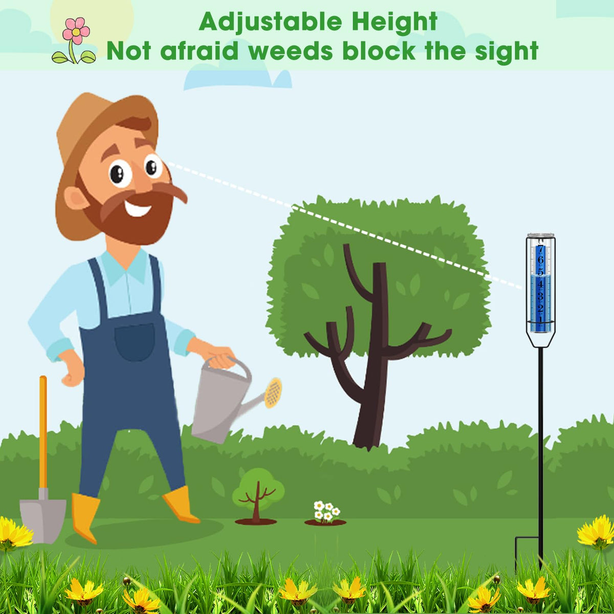 FINEST+ Upgraded Rain Gauge, 7" Freeze Proof Rain Gauge Outdoor Best Rated, Large Clear Numbers and Adjustable Height Rain Measuring Tool for Garden, Lawn and Farm