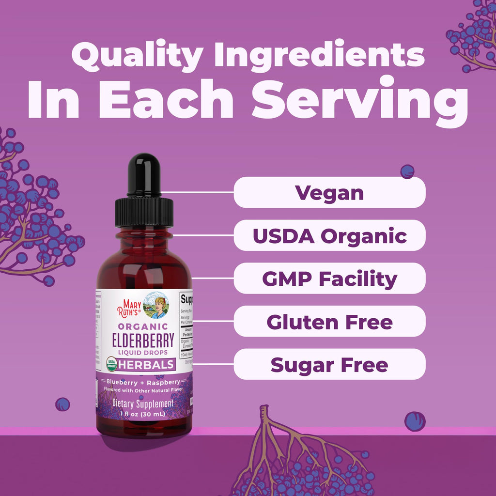 MARYRUTH'S Organic Elderberry Liquid Drops for Adults & Kids, Immunity, 1oz | 150mg Elderberry Extract, Sugar Free, Vegan, Non-GMO