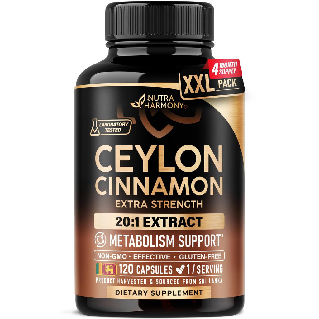 Ceylon Cinnamon Capsules - Energy Heart & Metabolism Support - 60 Capsules | Pure Natural Cinnamon Supplement for Men & Women - Extra Strenght 20:1 Extract - GMO & Gluten-Free - 2-Month Supply