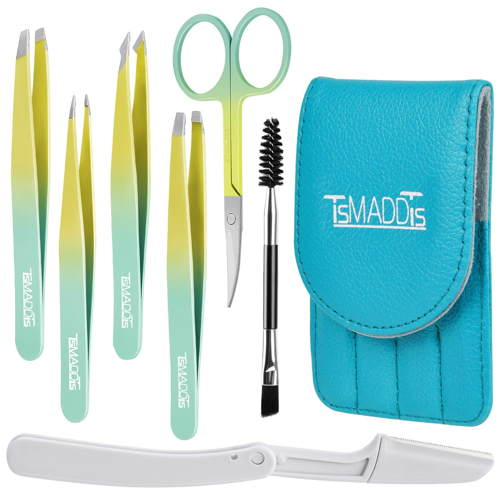 TsMADDTs 7 pcs Tweezers Set for Women Facial Hair, Precision Tweezer for Eyebrows with Curved Scissor and Eyebrow Razor for Ingrown Hair, Pink&Yellow
