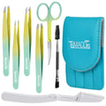 TsMADDTs 7 pcs Tweezers Set for Women Facial Hair, Precision Tweezer for Eyebrows with Curved Scissor and Eyebrow Razor for Ingrown Hair, Pink&Yellow