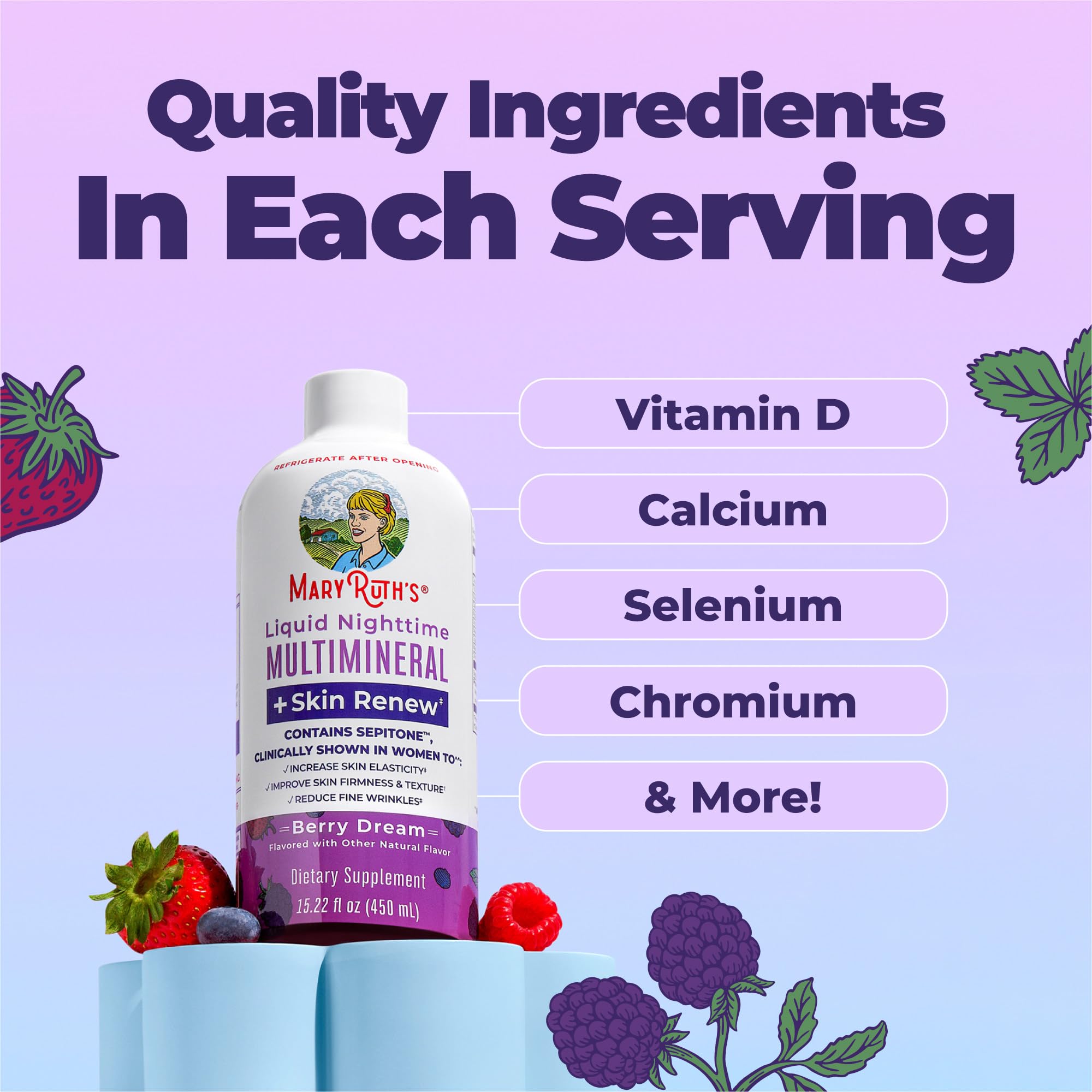 MaryRuth's Liquid Nighttime Liquid Multimineral + Skin Renew | Clinically Shown in Women to Reduce Fine Wrinkle & Improve Skin Firmness | Sepitone | NO Melatonin | Magnesium | Vegan | 15 Servings