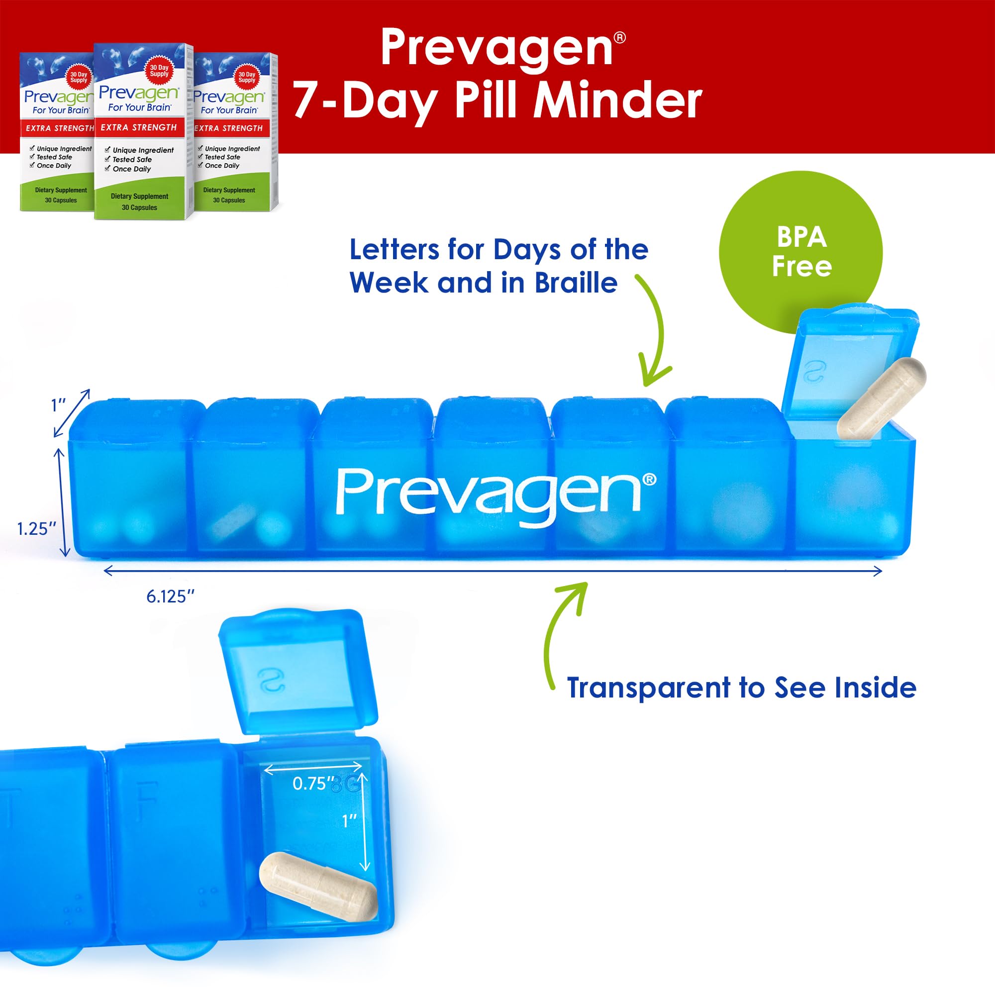 Prevagen Extra Strength with 7-Day Pill Minder, 30 Capsules, 3-Pack | For Your Brain, 3 Month Supply, 20mg Apoaequorin, 50mcg Vitamin D3
