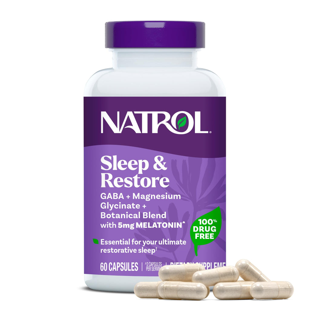 Natrol Sleep & Restore Magnesium and 5mg Melatonin Sleep Aid, 60 Capsules | Nighttime Sleep-Aid, Support Relaxation, Calm Magnesium Glycinate, with GABA, Botanical Blend, 100% Drug-Free, 30 Day Supply
