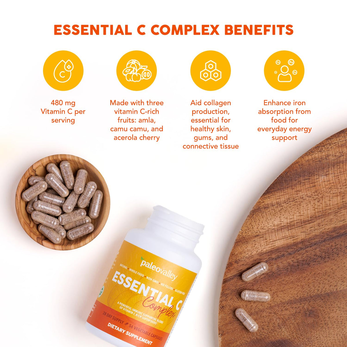 Paleovalley Essential C Complex, Whole Food Vitamin C Supplement, Organic Acerola Cherry, Camu Camu, Amla Berry, No Synthetic Ascorbic Acid, Immune Support Capsules, 450mg- Made in the USA